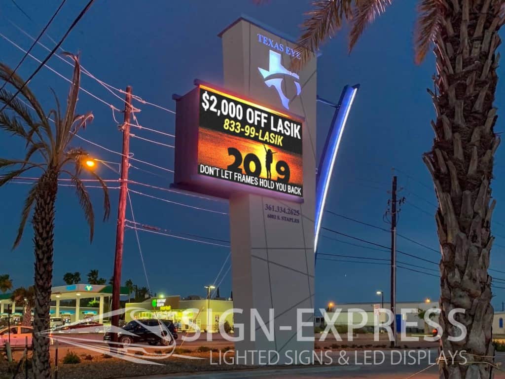 Texas Eye Care Custom Monument with LED Billboard & Building LED Lighting
